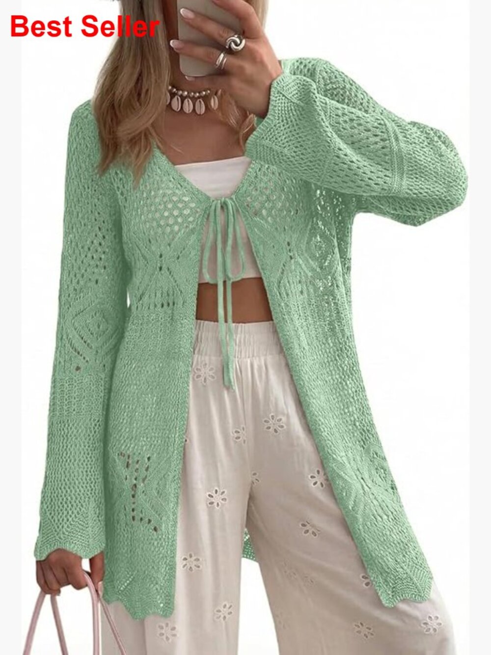 Crochet Cardigan With Tie Front, Lightweight Acrylic, Summer Beach Coverup